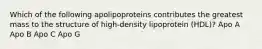 Which of the following apolipoproteins contributes the greatest mass to the structure of high-density lipoprotein (HDL)? Apo A Apo B Apo C Apo G