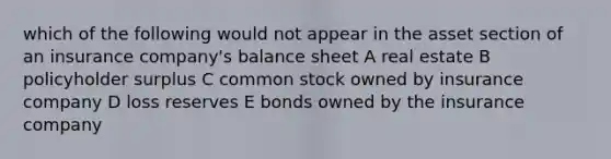 which of the following would not appear in the asset section of an insurance company's balance sheet A real estate B policyholder surplus C common stock owned by insurance company D loss reserves E bonds owned by the insurance company