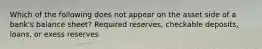 Which of the following does not appear on the asset side of a bank's balance sheet? Required reserves, checkable deposits, loans, or exess reserves