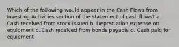 Which of the following would appear in the Cash Flows from Investing Activities section of the statement of cash flows? a. Cash received from stock issued b. Depreciation expense on equipment c. Cash received from bonds payable d. Cash paid for equipment