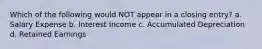 Which of the following would NOT appear in a closing entry? a. Salary Expense b. Interest Income c. Accumulated Depreciation d. Retained Earnings