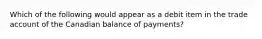 Which of the following would appear as a debit item in the trade account of the Canadian balance of payments?