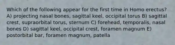 Which of the following appear for the first time in <a href='https://www.questionai.com/knowledge/kI1ONx7LAC-homo-erectus' class='anchor-knowledge'>homo erectus</a>? A) projecting nasal bones, sagittal keel, occipital torus B) sagittal crest, supraorbital torus, sternum C) forehead, temporalis, nasal bones D) sagittal keel, occipital crest, foramen magnum E) postorbital bar, foramen magnum, patella