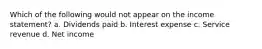 Which of the following would not appear on the income statement? a. Dividends paid b. Interest expense c. Service revenue d. Net income