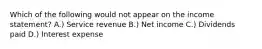 Which of the following would not appear on the income statement? A.) Service revenue B.) Net income C.) Dividends paid D.) Interest expense