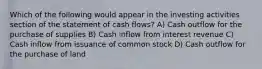 Which of the following would appear in the investing activities section of the statement of cash flows? A) Cash outflow for the purchase of supplies B) Cash inflow from interest revenue C) Cash inflow from issuance of common stock D) Cash outflow for the purchase of land