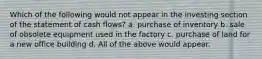 Which of the following would not appear in the investing section of the statement of cash flows? a. purchase of inventory b. sale of obsolete equipment used in the factory c. purchase of land for a new office building d. All of the above would appear.