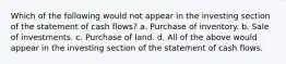 Which of the following would not appear in the investing section of the statement of cash flows? a. Purchase of inventory. b. Sale of investments. c. Purchase of land. d. All of the above would appear in the investing section of the statement of cash flows.