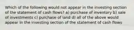 Which of the following would not appear in the investing section of the statement of cash flows? a) purchase of inventory b) sale of investments c) purchase of land d) all of the above would appear in the investing section of the statement of cash flows