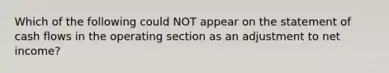 Which of the following could NOT appear on the statement of cash flows in the operating section as an adjustment to net income?