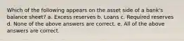 Which of the following appears on the asset side of a bank's balance sheet? a. Excess reserves b. Loans c. Required reserves d. None of the above answers are correct. e. All of the above answers are correct.