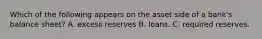 Which of the following appears on the asset side of a bank's balance sheet? A. excess reserves B. loans. C. required reserves.