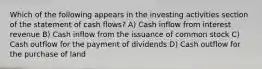 Which of the following appears in the investing activities section of the statement of cash flows? A) Cash inflow from interest revenue B) Cash inflow from the issuance of common stock C) Cash outflow for the payment of dividends D) Cash outflow for the purchase of land