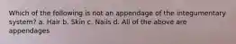 Which of the following is not an appendage of the integumentary system? a. Hair b. Skin c. Nails d. All of the above are appendages