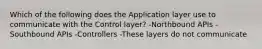 Which of the following does the Application layer use to communicate with the Control layer? -Northbound APIs -Southbound APIs -Controllers -These layers do not communicate