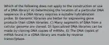 Which of the following does not apply to the construction or use of a DNA library? A) Determining the location of a particular DNA sequence in a DNA library requires a suitable hybridization probe. B) Genomic libraries are better for expressing gene products than cDNA libraries. C) Many segments of DNA from a cellular genome are cloned. D) Specialized DNA libraries can be made by cloning DNA copies of mRNAs. E) The DNA copies of mRNA found in a cDNA library are made by reverse transcriptase.