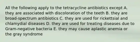 All the following apply to the tetracycline antibiotics except A. they are associated with discoloration of the teeth B. they are broad-spectrum antibiotics C. they are used for rickettsial and chlamydial diseases D. they are used for treating diseases due to Gram-negative bacteria E. they may cause aplastic anemia or the gray syndrome