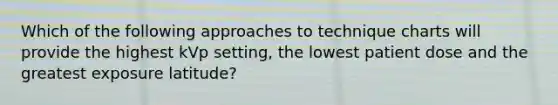 Which of the following approaches to technique charts will provide the highest kVp setting, the lowest patient dose and the greatest exposure latitude?