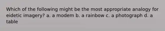 Which of the following might be the most appropriate analogy for eidetic imagery? a. a modem b. a rainbow c. a photograph d. a table