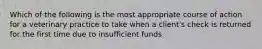 Which of the following is the most appropriate course of action for a veterinary practice to take when a client's check is returned for the first time due to insufficient funds