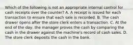 Which of the following is not an appropriate internal control for cash receipts over the​ counter? A. A receipt is issued for each transaction to ensure that each sale is recorded. B. The cash drawer opens after the store clerk enters a transaction. C. At the end of the​ day, the manager proves the cash by comparing the cash in the drawer against the​ machine's record of cash sales. D. The store clerk deposits the cash in the bank.