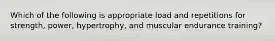 Which of the following is appropriate load and repetitions for strength, power, hypertrophy, and muscular endurance training?