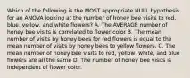 Which of the following is the MOST appropriate NULL hypothesis for an ANOVA looking at the number of honey bee visits to red, blue, yellow, and white flowers? A. The AVERAGE number of honey bee visits is correlated to flower color B. The mean number of visits by honey bees for red flowers is equal to the mean number of visits by honey bees to yellow flowers. C. The mean number of honey bee visits to red, yellow, white, and blue flowers are all the same D. The number of honey bee visits is independent of flower color.