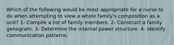 Which of the following would be most appropriate for a nurse to do when attempting to view a whole family's composition as a unit? 1- Compile a list of family members. 2- Construct a family genogram. 3- Determine the internal power structure. 4- Identify communication patterns.