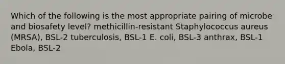 Which of the following is the most appropriate pairing of microbe and biosafety level? methicillin-resistant Staphylococcus aureus (MRSA), BSL-2 tuberculosis, BSL-1 E. coli, BSL-3 anthrax, BSL-1 Ebola, BSL-2