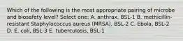 Which of the following is the most appropriate pairing of microbe and biosafety level? Select one: A. anthrax, BSL-1 B. methicillin-resistant Staphylococcus aureus (MRSA), BSL-2 C. Ebola, BSL-2 D. E. coli, BSL-3 E. tuberculosis, BSL-1