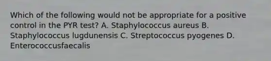 Which of the following would not be appropriate for a positive control in the PYR test? A. Staphylococcus aureus B. Staphylococcus lugdunensis C. Streptococcus pyogenes D. Enterococcusfaecalis