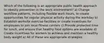 Which of the following is an appropriate public health approach to obesity prevention in the work environment? a) Change workflow patterns, including flexible work hours, to create opportunities for regular physical activity during the workday b) Establish worksite exercise facilities or create incentives for employees to join local fitness centers c) Provide protected time for lunch, and ensure that healthy food options are available d) Create incentives for workers to achieve and maintain a healthy body weight e) All of these are appropriate strategies