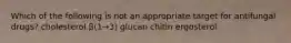 Which of the following is not an appropriate target for antifungal drugs? cholesterol β(1→3) glucan chitin ergosterol