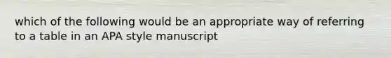 which of the following would be an appropriate way of referring to a table in an APA style manuscript