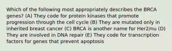 Which of the following most appropriately describes the BRCA genes? (A) They code for protein kinases that promote progression through the cell cycle (B) They are mutated only in inherited breast cancer (C) BRCA is another name for Her2/nu (D) They are involved in DNA repair (E) They code for transcription factors for genes that prevent apoptosis