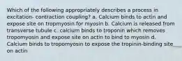 Which of the following appropriately describes a process in excitation- contraction coupling? a. Calcium binds to actin and expose site on tropmyosin for myosin b. Calcium is released from transverse tubule c. calcium binds to troponin which removes tropomyosin and expose site on actin to bind to myosin d. Calcium binds to tropomyosin to expose the tropinin-binding site on actin