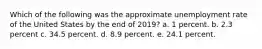 Which of the following was the approximate unemployment rate of the United States by the end of 2019? a. 1 percent. b. 2.3 percent c. 34.5 percent. d. 8.9 percent. e. 24.1 percent.