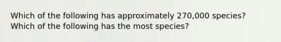 Which of the following has approximately 270,000 species? Which of the following has the most species?