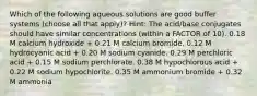 Which of the following aqueous solutions are good buffer systems (choose all that apply)? Hint: The acid/base conjugates should have similar concentrations (within a FACTOR of 10). 0.18 M calcium hydroxide + 0.21 M calcium bromide. 0.12 M hydrocyanic acid + 0.20 M sodium cyanide. 0.29 M perchloric acid + 0.15 M sodium perchlorate. 0.38 M hypochlorous acid + 0.22 M sodium hypochlorite. 0.35 M ammonium bromide + 0.32 M ammonia