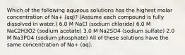 Which of the following aqueous solutions has the highest molar concentration of Na+ (aq)? (Assume each compound is fully dissolved in water.) 6.0 M NaCl (sodium chloride) 6.0 M NaC2H3O2 (sodium acetate) 3.0 M Na2SO4 (sodium sulfate) 2.0 M Na3PO4 (sodium phosphate) All of these solutions have the same concentration of Na+ (aq).