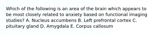 Which of the following is an area of the brain which appears to be most closely related to anxiety based on functional imaging studies? A. Nucleus accumbens B. Left prefrontal cortex C. pituitary gland D. Amygdala E. Corpus callosum