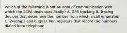 Which of the following is not an area of communication with which the ECPA deals specifically? A. GPS tracking B. Tracing devices that determine the number from which a call emanates C. Wiretaps and bugs D. Pen registers that record the numbers dialed from telephone