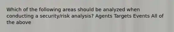 Which of the following areas should be analyzed when conducting a security/risk analysis? Agents Targets Events All of the above