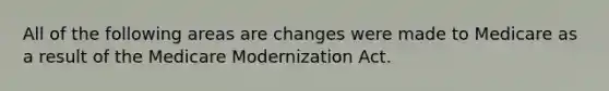 All of the following areas are changes were made to Medicare as a result of the Medicare Modernization Act.