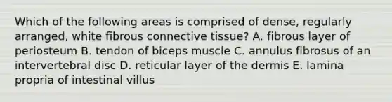 Which of the following areas is comprised of dense, regularly arranged, white fibrous connective tissue? A. fibrous layer of periosteum B. tendon of biceps muscle C. annulus fibrosus of an intervertebral disc D. reticular layer of the dermis E. lamina propria of intestinal villus