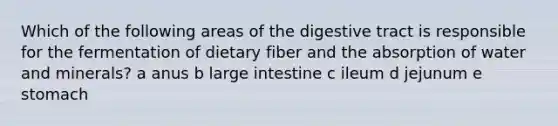 Which of the following areas of the digestive tract is responsible for the fermentation of dietary fiber and the absorption of water and minerals? a anus b large intestine c ileum d jejunum e stomach