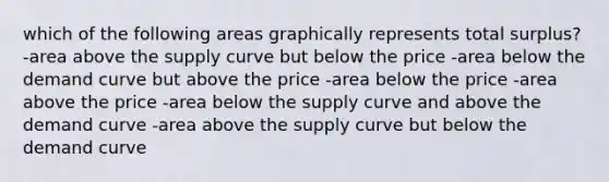 which of the following areas graphically represents total surplus? -area above the supply curve but below the price -area below the demand curve but above the price -area below the price -area above the price -area below the supply curve and above the demand curve -area above the supply curve but below the demand curve