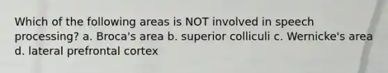 Which of the following areas is NOT involved in speech processing? a. Broca's area b. superior colliculi c. Wernicke's area d. lateral prefrontal cortex