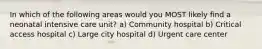 In which of the following areas would you MOST likely find a neonatal intensive care unit? a) Community hospital b) Critical access hospital c) Large city hospital d) Urgent care center