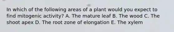 In which of the following areas of a plant would you expect to find mitogenic activity? A. The mature leaf B. The wood C. The shoot apex D. The root zone of elongation E. The xylem